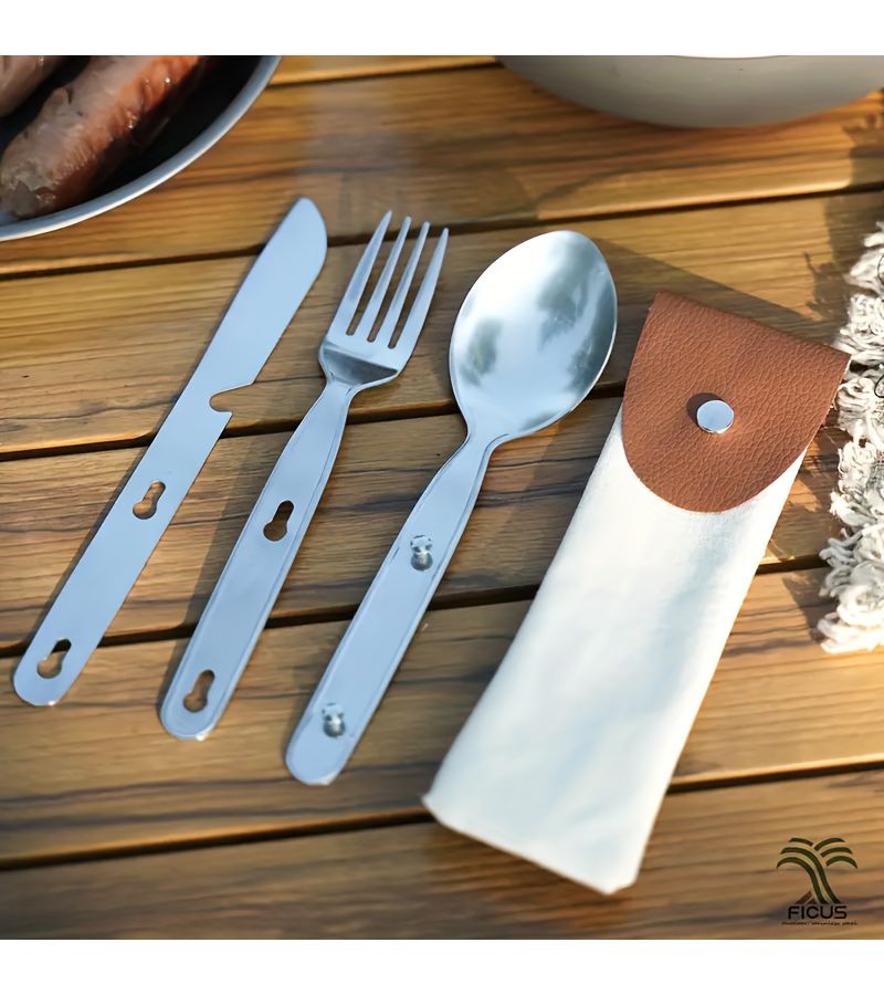 3 Piece Stainless Steel Foldable Cutlery Set With Travel Bag For Camping - Image 2