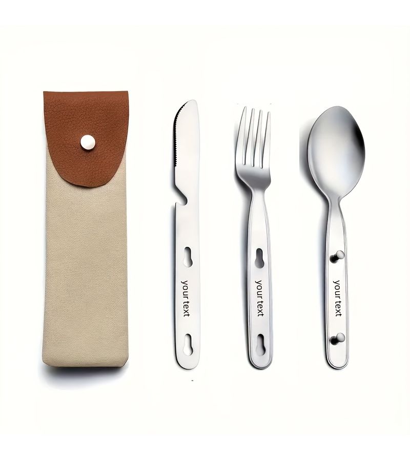 3 Piece Stainless Steel Foldable Cutlery Set With Travel Bag For Camping - Image 1