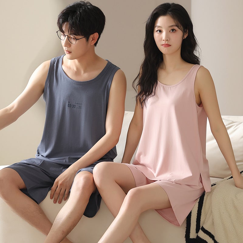 Modal Couple Pajamas Women'S Summer Vest Shorts One Female One Male Thin Large Size Men'S Home Suit - Image 2