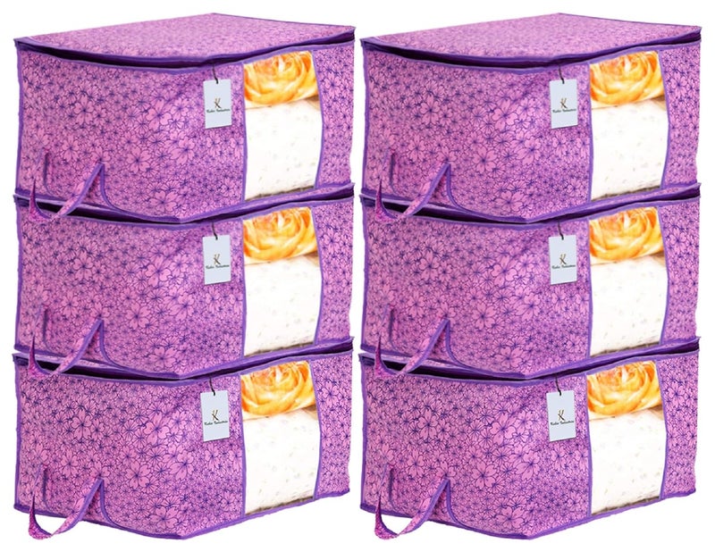 Kuber Industries Exclusive Metalic Flower Design Non Woven 6 Pieces Underbed Storage Bag Storage Organiser Blanket Cover Pink Purple CTGTC34566 - Image 1