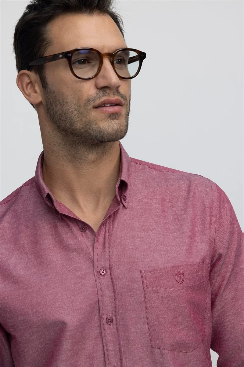 تودورس Classic Fit Oxford Textured Collar Buttoned Pocket Embroidered Men's Red Shirt