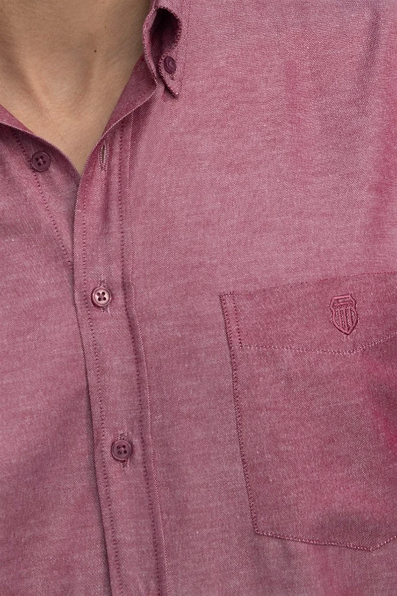 تودورس Classic Fit Oxford Textured Collar Buttoned Pocket Embroidered Men's Red Shirt