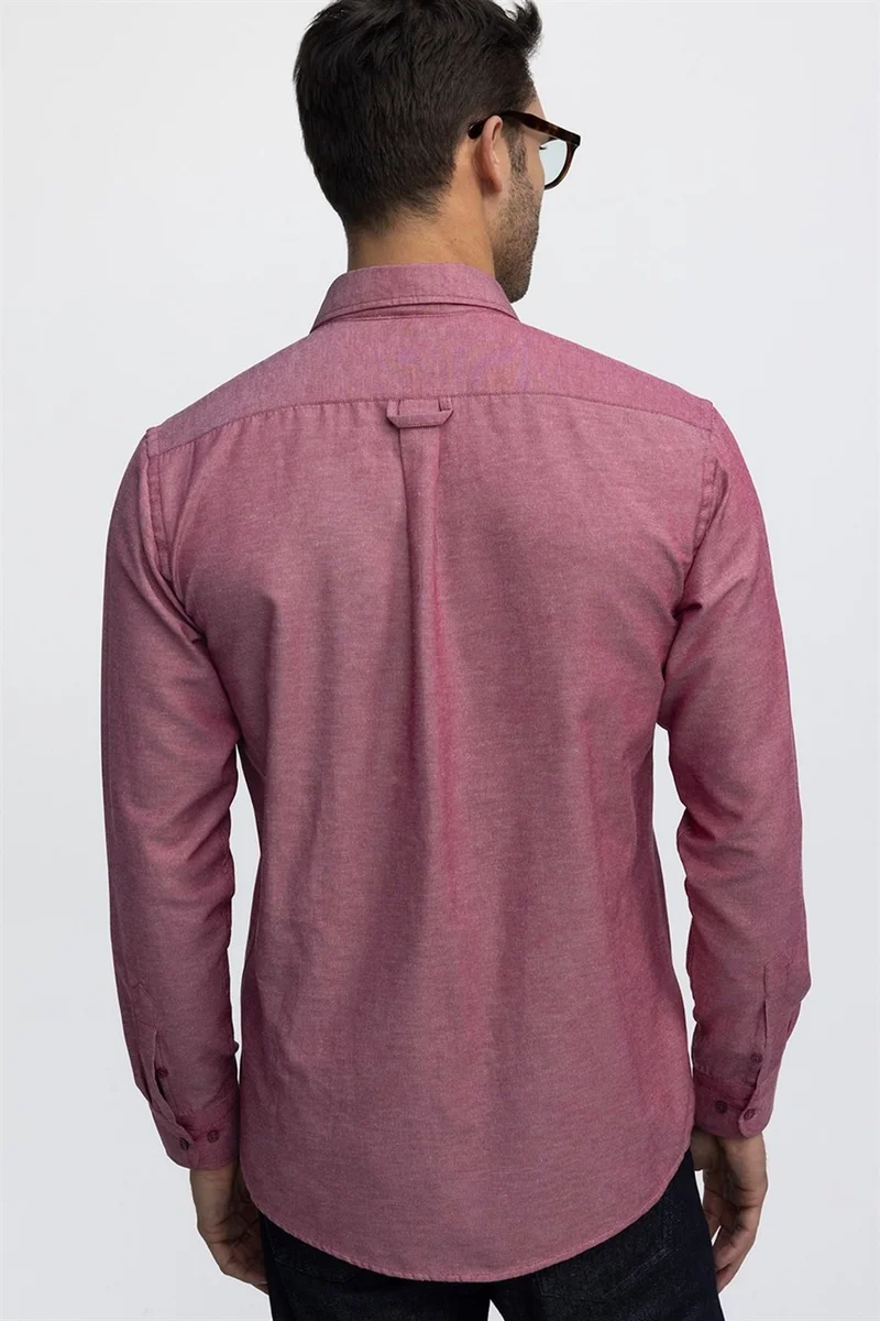 تودورس Classic Fit Oxford Textured Collar Buttoned Pocket Embroidered Men's Red Shirt