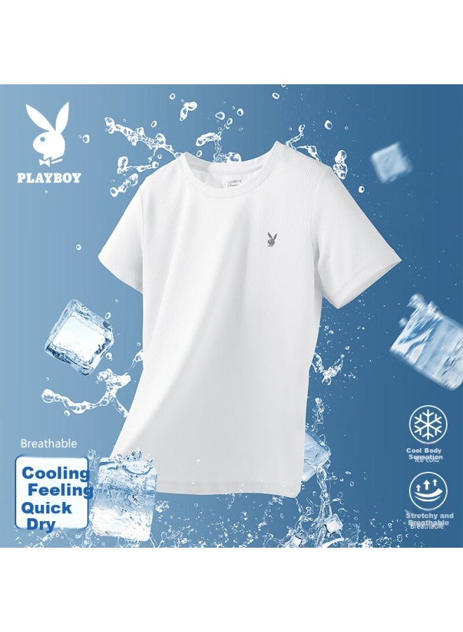 Playboy Men's Ice Silk Short Sleeve Crew Neck Slim Fit Base T-shirt White 3XL - Image 1