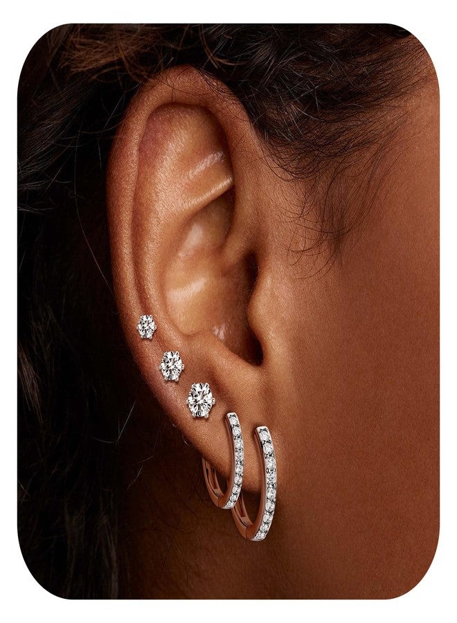 MDFUN 14K White Gold Plated Hoops Huggie Stud Earrings Set Round Cubic Zirconia 6 Prong Stud Earring Jewelry for Women Men Pack of 5 Pairs - Image 2