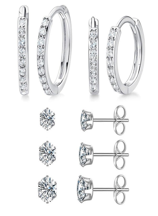 MDFUN 14K White Gold Plated Hoops Huggie Stud Earrings Set Round Cubic Zirconia 6 Prong Stud Earring Jewelry for Women Men Pack of 5 Pairs - Image 1