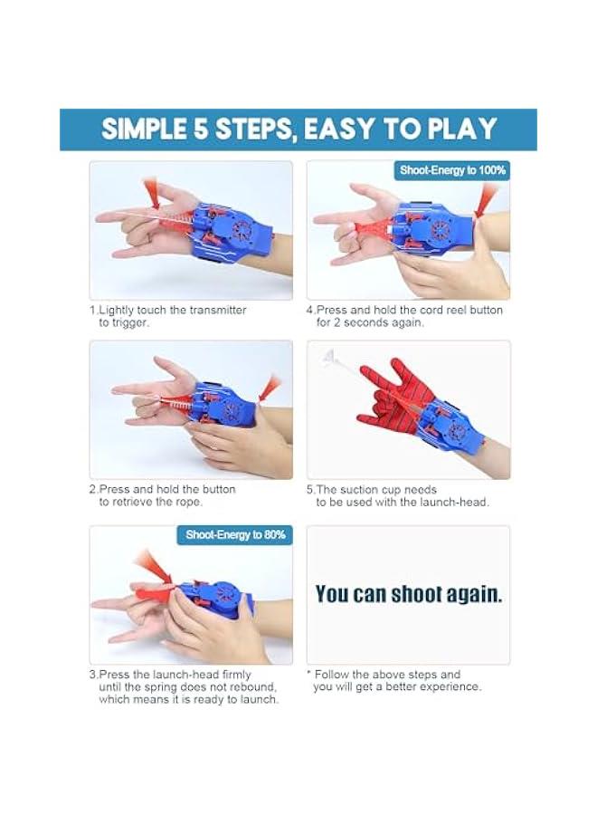 Spider Web Shooters, Web Launcher with Gloves, Realistic Web-Slinging Action Safe and Fun Superhero Toy for Men and Kids - Blue  - Image 2