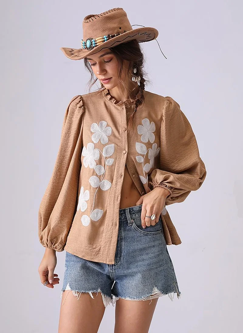 YUNIQEE Khaki Band Collar Puff Sleeves Relaxed Fit Shirt