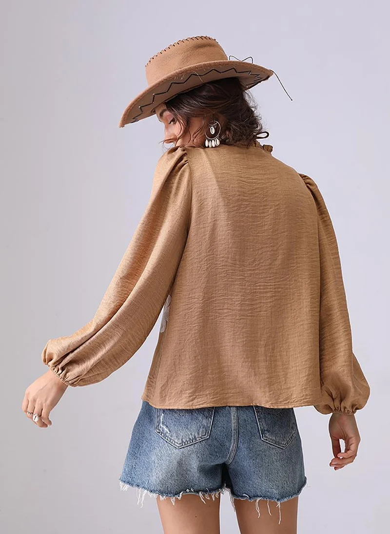 YUNIQEE Khaki Band Collar Puff Sleeves Relaxed Fit Shirt