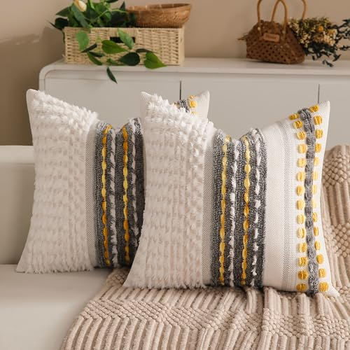 KOOLIFE Boho Chenille Tufted Couch Throw Pillow Covers 18x18 Inch Set of 2 Farmhouse Striped Decorative Pillow Covers Accent Neutral Pillowcase Grey Yellow Cushion Cover for Living Room Sofa Bed - Image 1