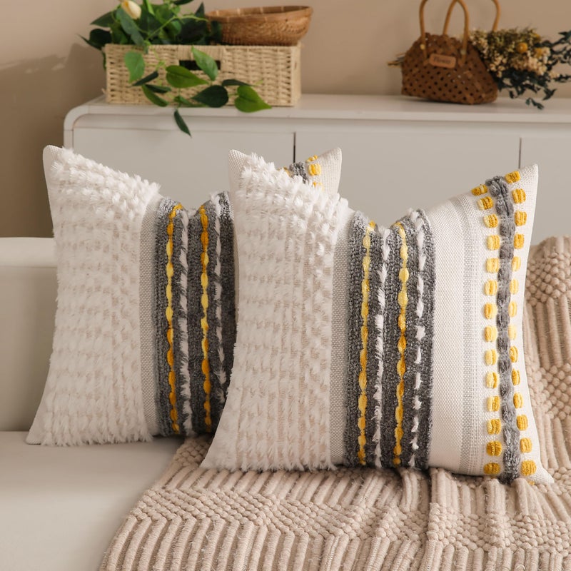 KOOLIFE Boho Chenille Tufted Couch Throw Pillow Covers 18x18 Inch Set of 2 Farmhouse Striped Decorative Pillow Covers Accent Neutral Pillowcase Grey Yellow Cushion Cover for Living Room Sofa Bed - Image 2