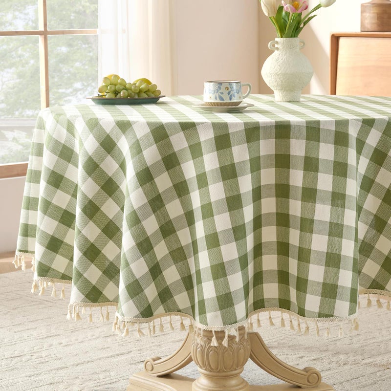 Softalker Outdoor Checkered Tablecloth 70 x 70 Inch Round Spring Summer Linen Cotton Gingham Table Cloth with Tassel Heavy Duty Wrinkle Free Buffalo Plaid Table Cover for Picnic Camping Sage - Image 2
