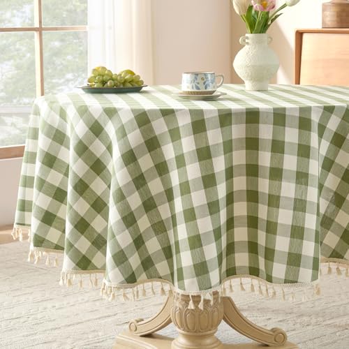 Softalker Outdoor Checkered Tablecloth 70 x 70 Inch Round Spring Summer Linen Cotton Gingham Table Cloth with Tassel Heavy Duty Wrinkle Free Buffalo Plaid Table Cover for Picnic Camping Sage - Image 1