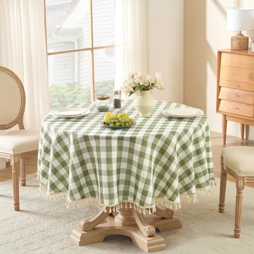 Softalker Outdoor Checkered Tablecloth 70 x 70 Inch Round Spring Summer Linen Cotton Gingham Table Cloth with Tassel Heavy Duty Wrinkle Free Buffalo Plaid Table Cover for Picnic Camping Sage - Image 3