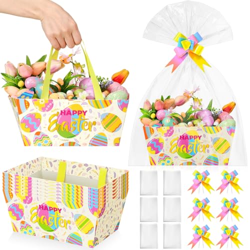 Funnymoom 6 Pack Easter Eggs Basket for Gifts Empty with Cellophane Bag Pull Bows Happy Easter Eggs Basket Gift Box for Spring Wedding Birthday Party Favors, 9.8 x 6.5 Inch - Image 1