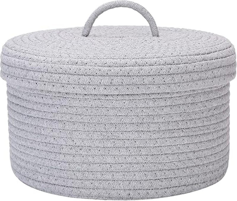 GRATIFY Mansa Traders Round Cotton Rope Storage Basket with Lid, Lidded Woven Storage Bin, Nursery Storage Container, Diaper Caddy, Baby Shower Basket, Box, Organizer, 10 x 10 x 6 Inches (Medium , Grey) - Image 1