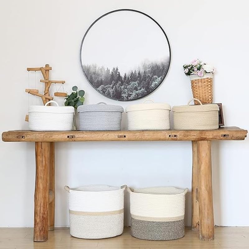 GRATIFY Mansa Traders Round Cotton Rope Storage Basket with Lid, Lidded Woven Storage Bin, Nursery Storage Container, Diaper Caddy, Baby Shower Basket, Box, Organizer, 10 x 10 x 6 Inches (Medium , Grey) - Image 3