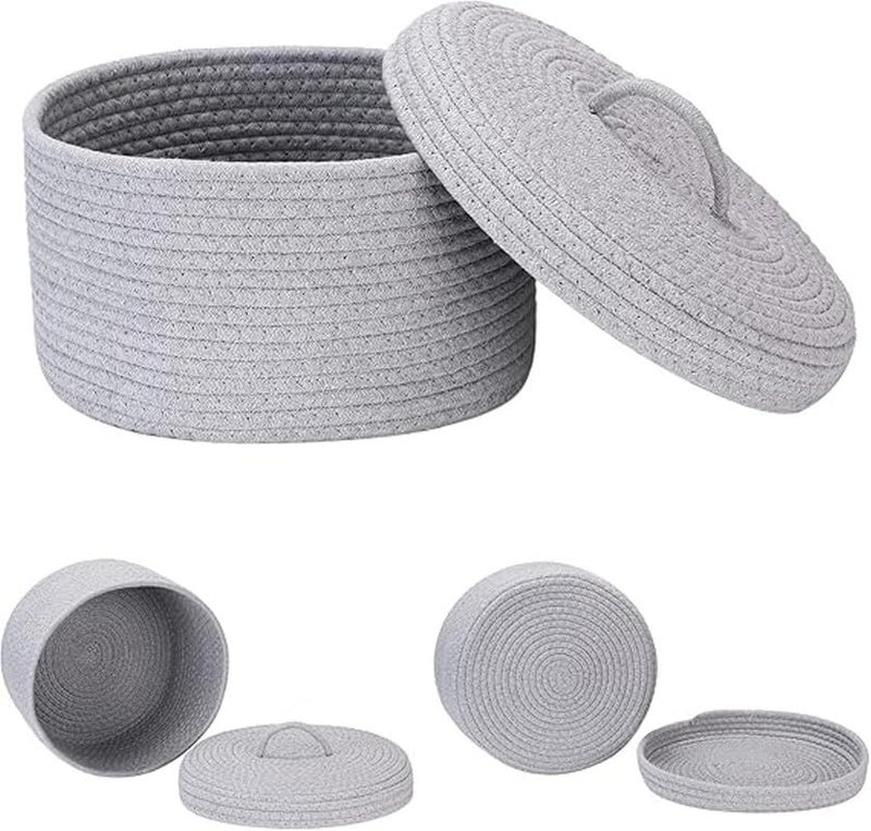 GRATIFY Mansa Traders Round Cotton Rope Storage Basket with Lid, Lidded Woven Storage Bin, Nursery Storage Container, Diaper Caddy, Baby Shower Basket, Box, Organizer, 10 x 10 x 6 Inches (Medium , Grey) - Image 2