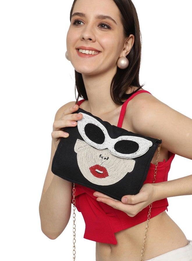 MARKQUES Hand Beaded Black Goggles Sling Bag | Handcrafted Beaded Work Girls Purse With Cross Body Chain - Image 4