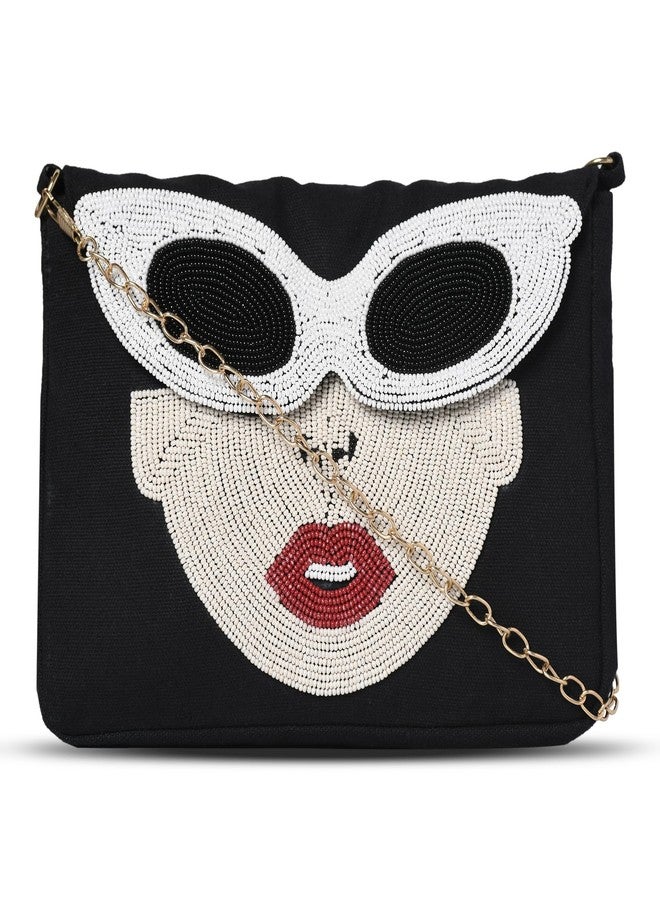 MARKQUES Hand Beaded Black Goggles Sling Bag | Handcrafted Beaded Work Girls Purse With Cross Body Chain - Image 5