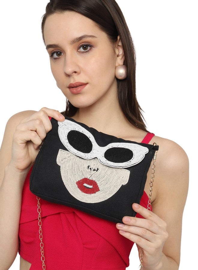 MARKQUES Hand Beaded Black Goggles Sling Bag | Handcrafted Beaded Work Girls Purse With Cross Body Chain - Image 2