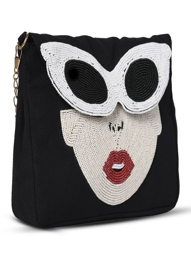 MARKQUES Hand Beaded Black Goggles Sling Bag | Handcrafted Beaded Work Girls Purse With Cross Body Chain - Image 1