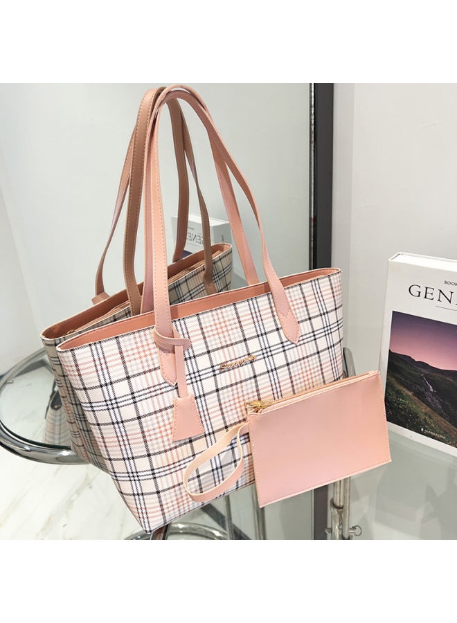 Plaid Printed Tote Bag Two-Piece Set 2024Ladies Handbag Shoulder Bag Women's Korean Shopping Bag-Color:Pink - Image 1