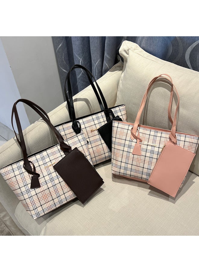 Plaid Printed Tote Bag Two-Piece Set 2024Ladies Handbag Shoulder Bag Women's Korean Shopping Bag-Color:Pink - Image 2