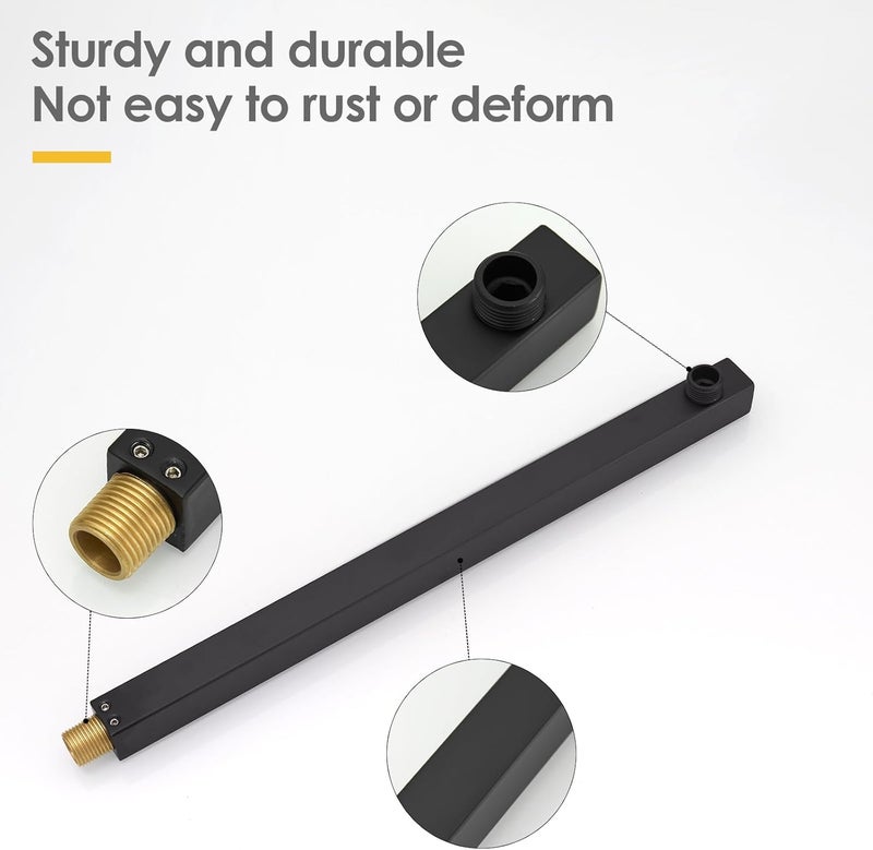 BESy 14 Inches Straight Extended Shower Arm With Flange, Rain Shower Head Extension Arms, Square Shower Rod Shower Head Extender Arm Shower Pipe Extension, Wall-Mounted Matte Black Stainless Steel - Image 4