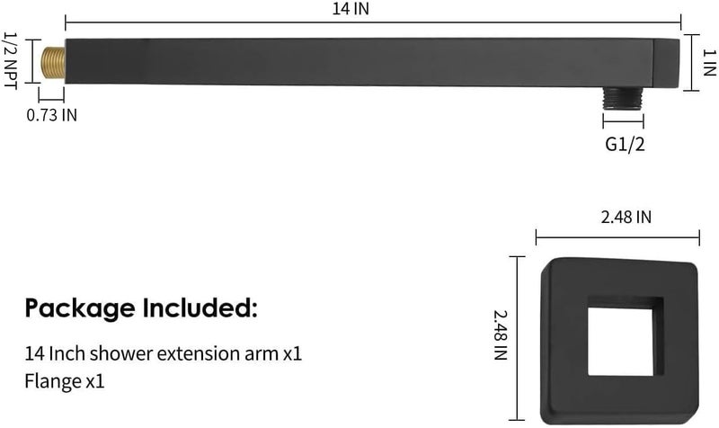 BESy 14 Inches Straight Extended Shower Arm With Flange, Rain Shower Head Extension Arms, Square Shower Rod Shower Head Extender Arm Shower Pipe Extension, Wall-Mounted Matte Black Stainless Steel - Image 5