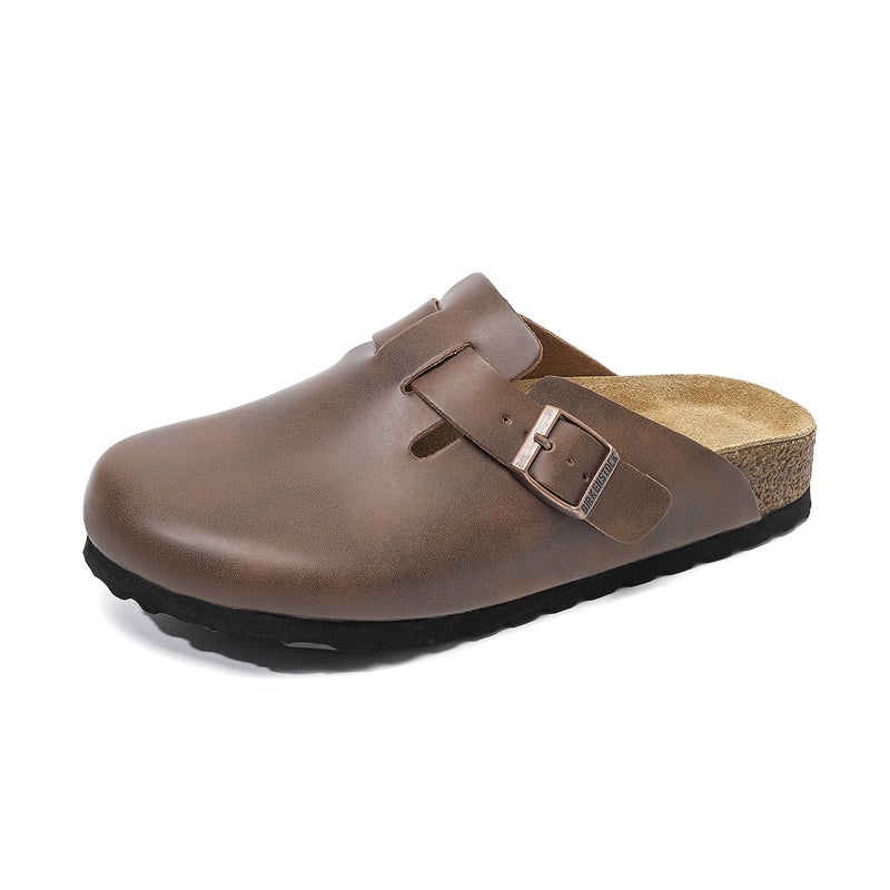 Waterproof Genuine Leather Cork Sole Slip-On Half Shoes for Adults, Unisex Closed-Toe Casual Loafers