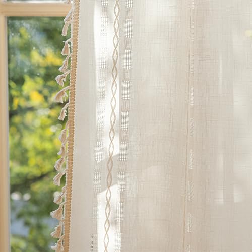 Deeprove Cream White Boho Curtain 84 inches Length for Living Room Bedroom Nursery Doorway Cream Bohemian 84 inches Long Western Stripe Embroidery Privacy Window Fringe Decor W52 x L84, 1 Panel - Image 1