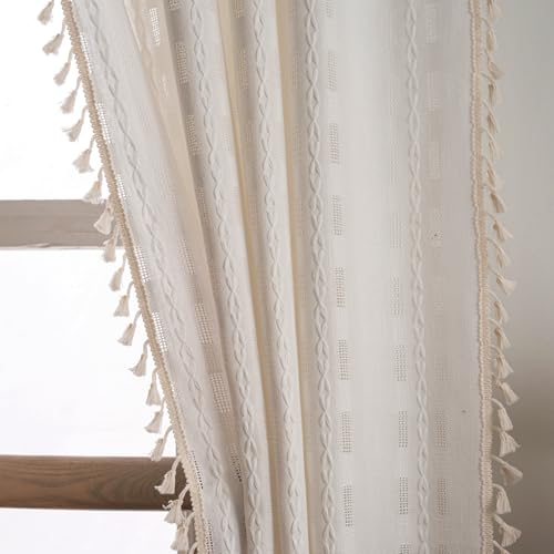 Deeprove Cream White Boho Curtain 84 inches Length for Living Room Bedroom Nursery Doorway Cream Bohemian 84 inches Long Western Stripe Embroidery Privacy Window Fringe Decor W52 x L84, 1 Panel - Image 5