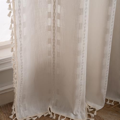 Deeprove Cream White Boho Curtain 84 inches Length for Living Room Bedroom Nursery Doorway Cream Bohemian 84 inches Long Western Stripe Embroidery Privacy Window Fringe Decor W52 x L84, 1 Panel - Image 2