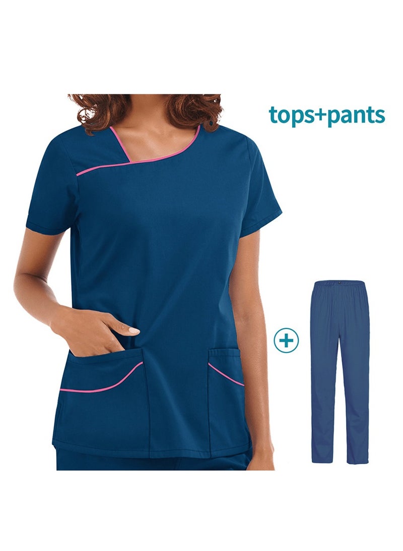 Loquat Womens Medical Uniform Scrubs 2 Piece Set Top and Elastic Waist Pants Suit Dark Blue - Image 1