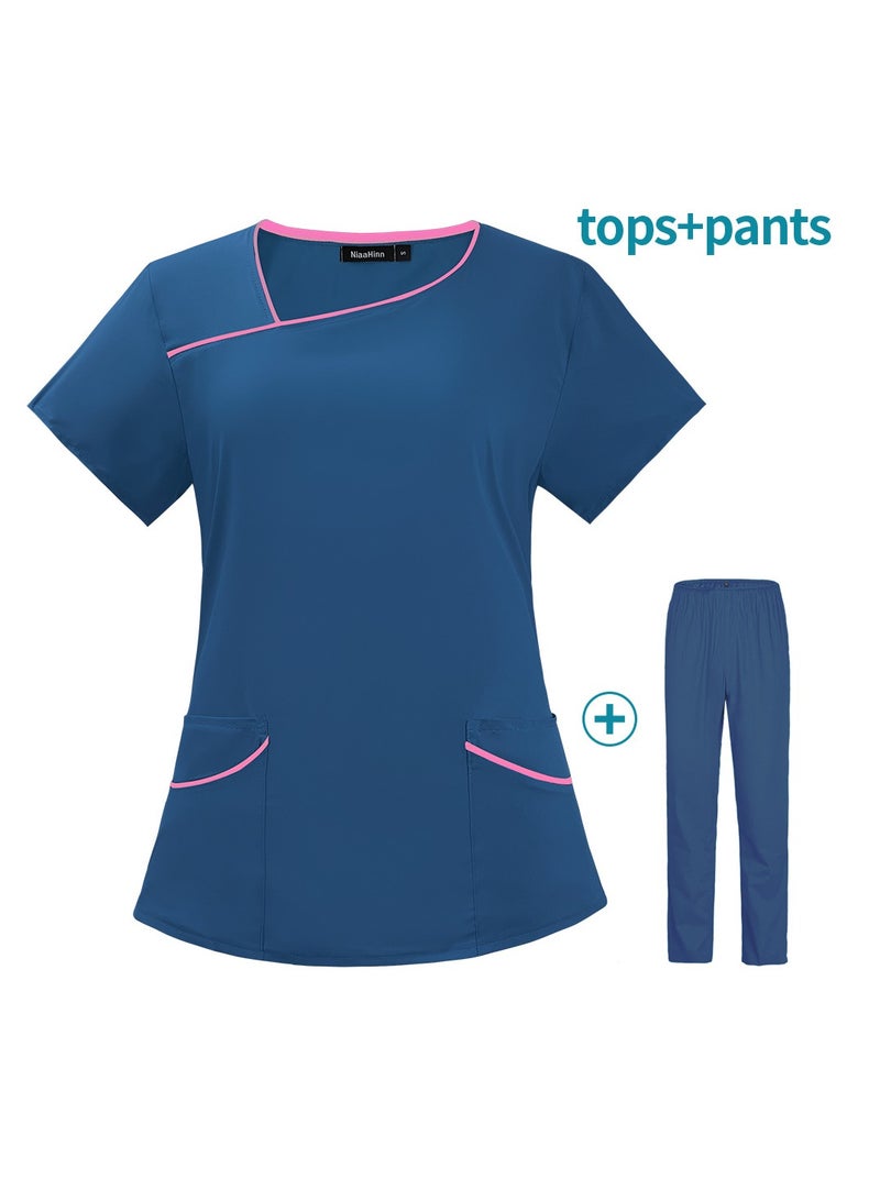 Loquat Womens Medical Uniform Scrubs 2 Piece Set Top and Elastic Waist Pants Suit Dark Blue - Image 2