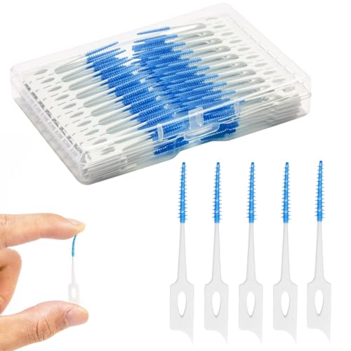 ACSKD Dental Floss Picks 200 Count Soft Rubber Brush Head Interdental Brushes with Convenient Carry CaseDualEnded Toothpick Travel Teeth Cleaning Tools Blue - Image 1