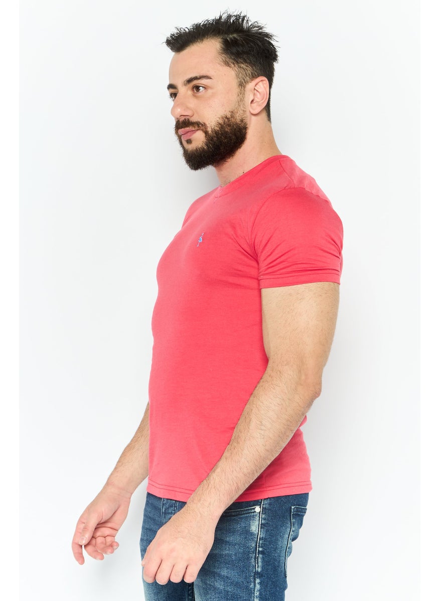 Tailorbyrd Men Round Neck Short Sleeves Embroidered Logo T-Shirt, Dark Pink  - Image 4