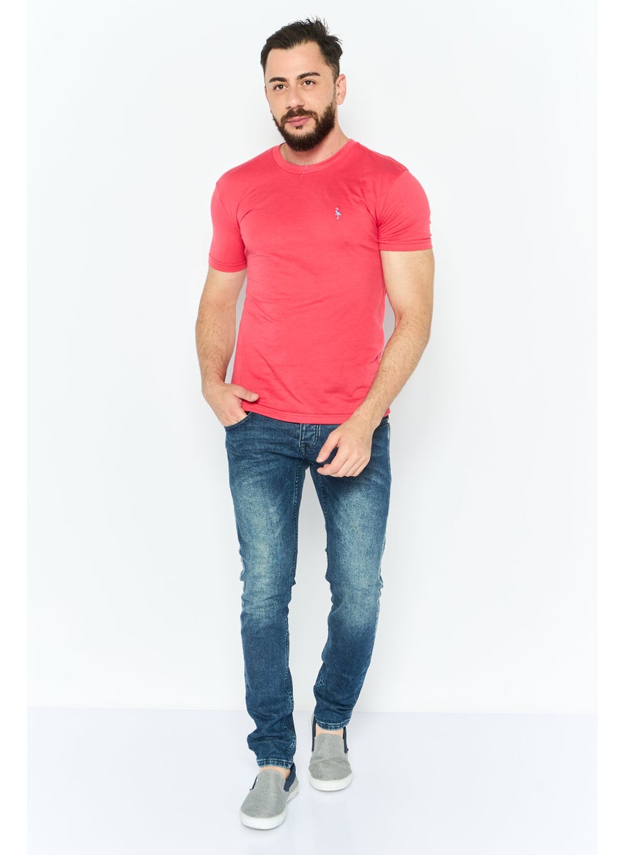 Tailorbyrd Men Round Neck Short Sleeves Embroidered Logo T-Shirt, Dark Pink  - Image 3