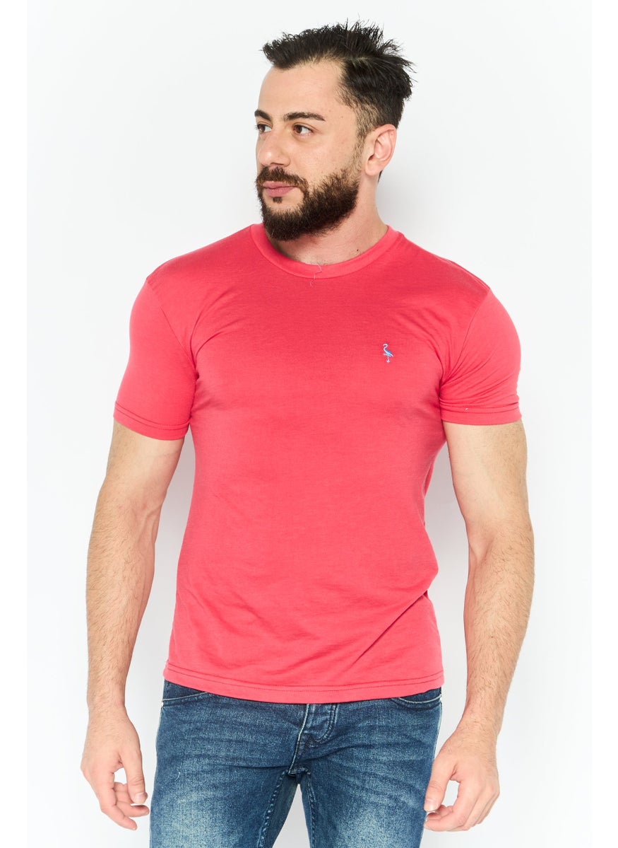 Tailorbyrd Men Round Neck Short Sleeves Embroidered Logo T-Shirt, Dark Pink  - Image 1
