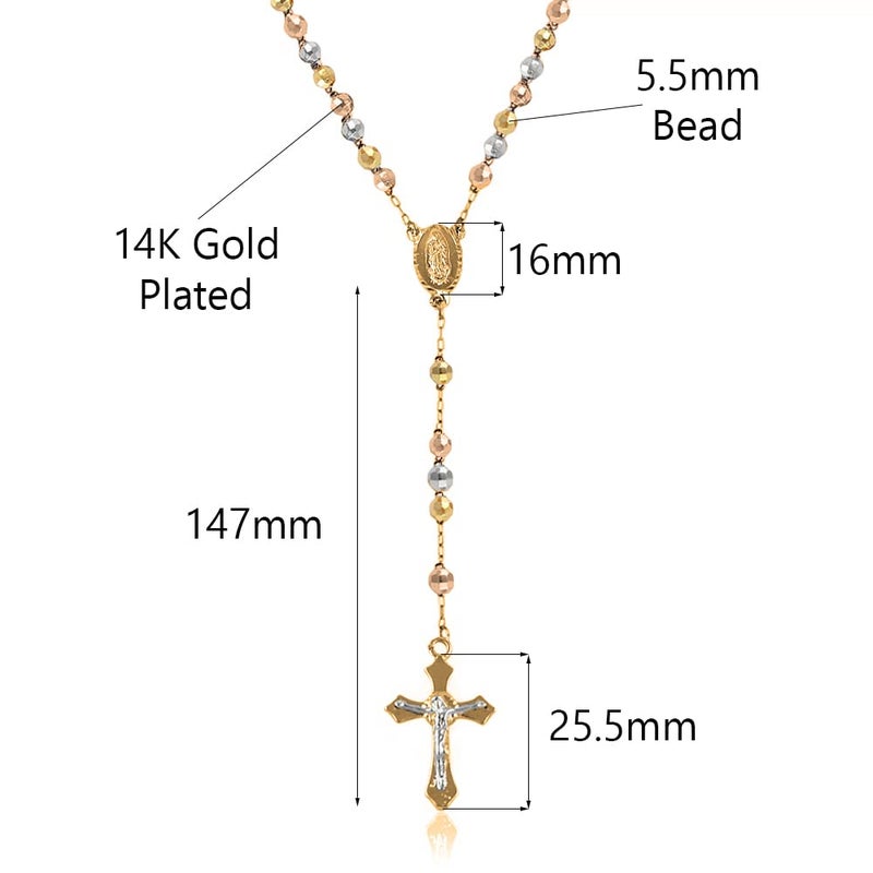 Savlano 14K Gold Plated Beaded Rosary Cross Necklace â€“ 6.5MM Crucifix Cross Medallion Rosary Chain Y-Necklace for Women & Men Religious Jewelry Comes in Gold, Gold-Rose-Silver with a Gift Box (Tricolor) - Image 2
