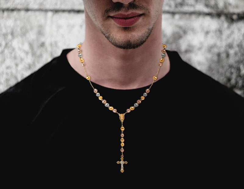 Savlano 14K Gold Plated Beaded Rosary Cross Necklace â€“ 6.5MM Crucifix Cross Medallion Rosary Chain Y-Necklace for Women & Men Religious Jewelry Comes in Gold, Gold-Rose-Silver with a Gift Box (Tricolor) - Image 4
