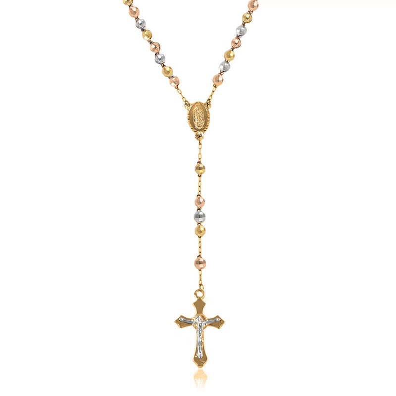Savlano 14K Gold Plated Beaded Rosary Cross Necklace â€“ 6.5MM Crucifix Cross Medallion Rosary Chain Y-Necklace for Women & Men Religious Jewelry Comes in Gold, Gold-Rose-Silver with a Gift Box (Tricolor) - Image 1