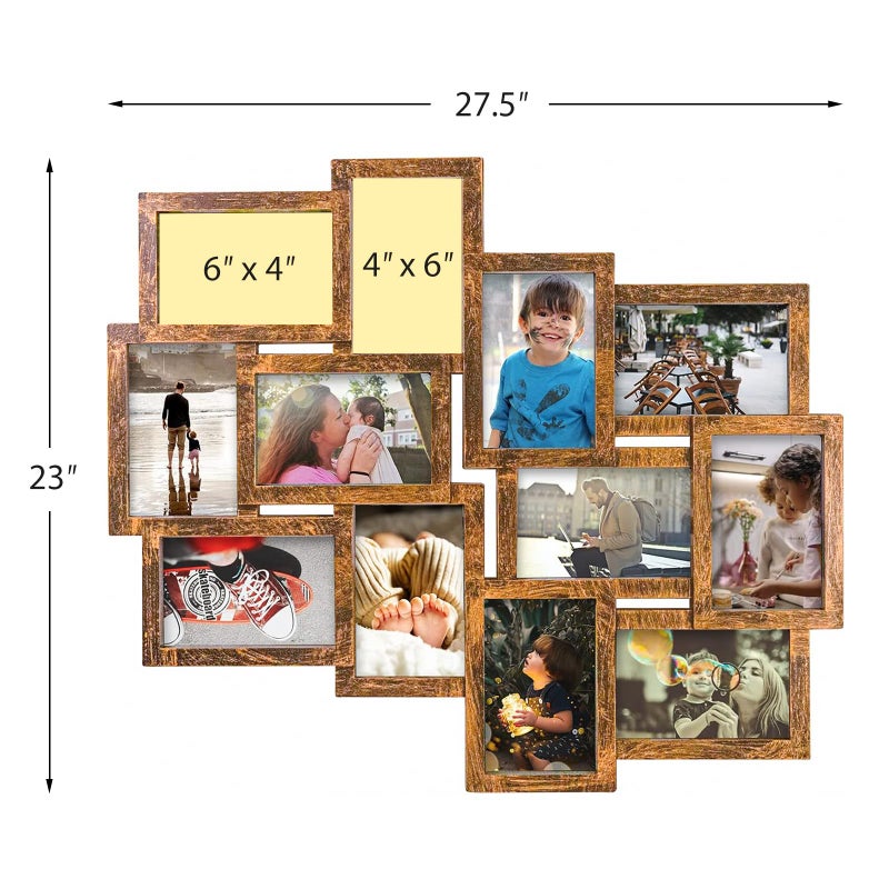 J.M.Deco Picture Frames Collage 12-Opening Reunion Friends Family Memory Photo Frames for Wall Decor Photo Frame Selfie Gallery Puzzle Collage Wall Hanging for 4x6 Photo, Brown - Image 3