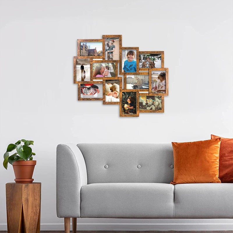 J.M.Deco Picture Frames Collage 12-Opening Reunion Friends Family Memory Photo Frames for Wall Decor Photo Frame Selfie Gallery Puzzle Collage Wall Hanging for 4x6 Photo, Brown - Image 2