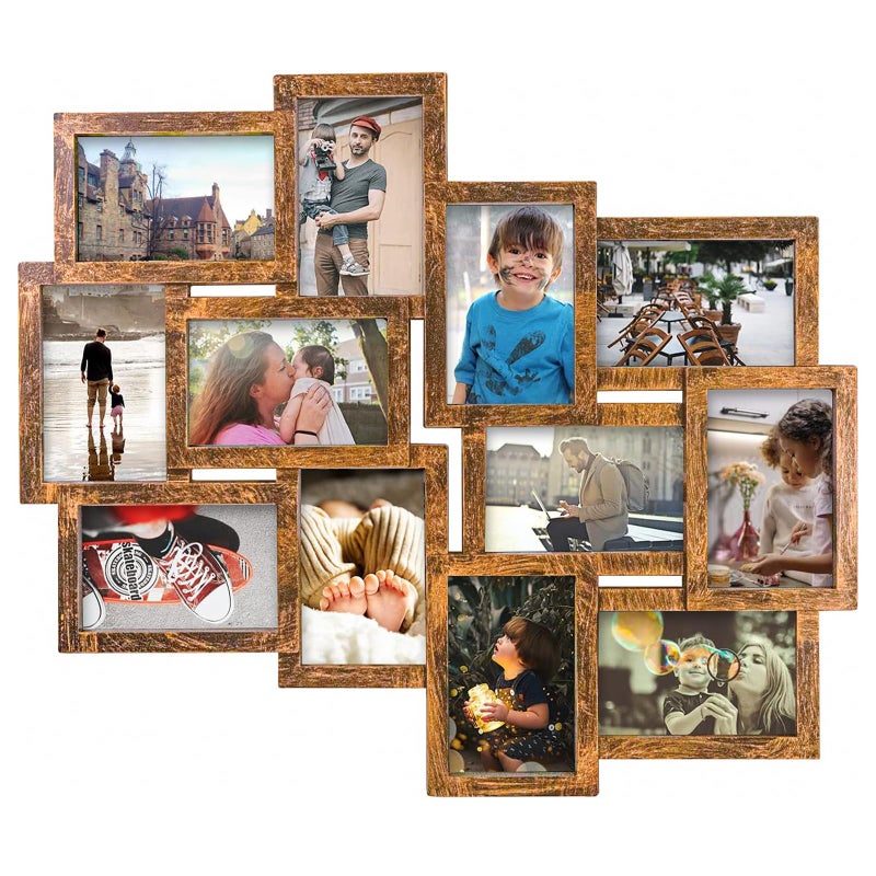 J.M.Deco Picture Frames Collage 12-Opening Reunion Friends Family Memory Photo Frames for Wall Decor Photo Frame Selfie Gallery Puzzle Collage Wall Hanging for 4x6 Photo, Brown - Image 1