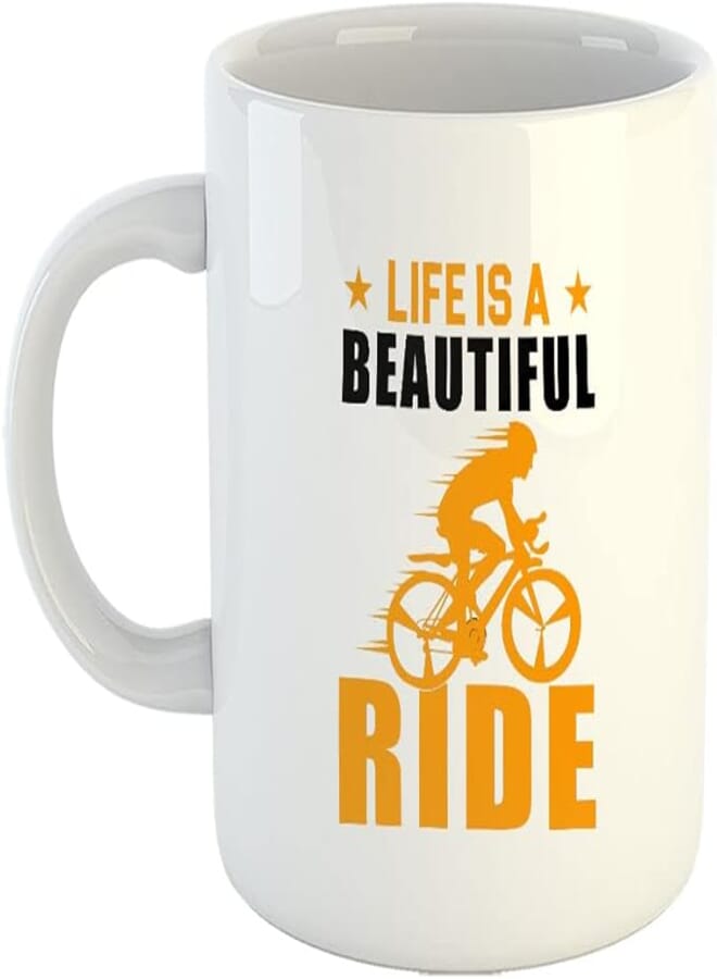 Happu - Printed Ceramic Coffee Mug, Cycling Designs, Life is a Beautiful Ride3, Gifts for Cycle to Work Community, Fitness Freak, Cycling Enthutiast, Bicycle Lover, 325 ML(11Oz), 4654-WH