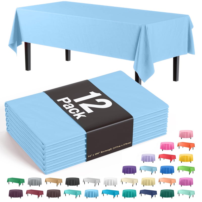Exquisite 12Pack Premium Plastic Tablecloth 54in x 108in Rectangle Table Cover Light Blue