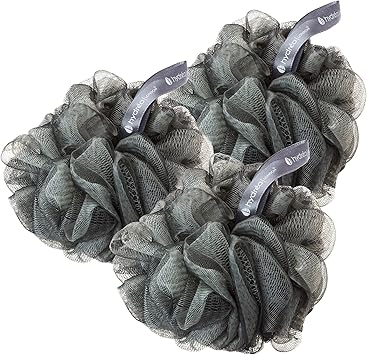 Hydrea London Shower Pouf Exfoliating Body Scrubber for Men Women Cleansing Invigorating Luxury Shower Scrub UltraSoft Large Vegan Bath Scrunchie Bathing Skin Buffer Triple Pack Grey - Image 1