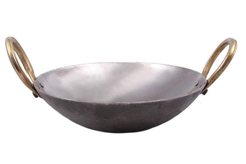 SVDK SVDK Iron Fry Kadhai, Handmade Loha/Lokhand/Lokhandi/Kadai Fry Pan for Kitchen Cooking with Golden Rings, 9 INCH/23 cm - 1 Litre  - Image 1
